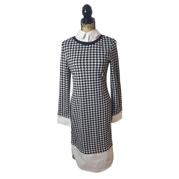 Womens Chic Houndstooth Dress 8 Black White Shift Collar Cuffs Long Sleeve Work - Picture 2 of 8